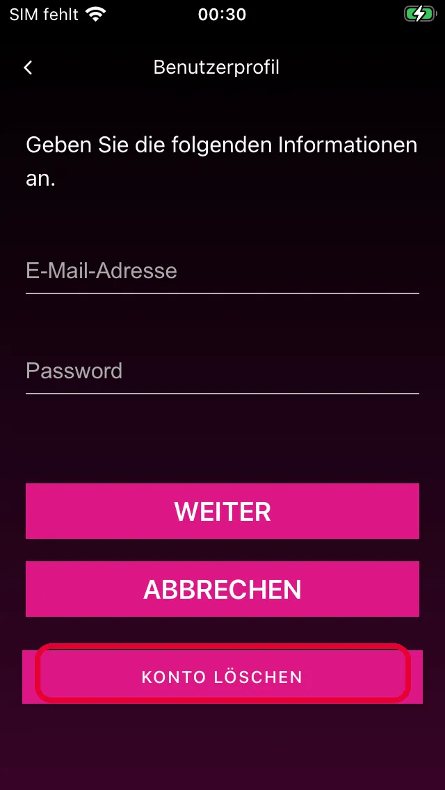 Benutzerprofil mit Konto-Löschen-Button