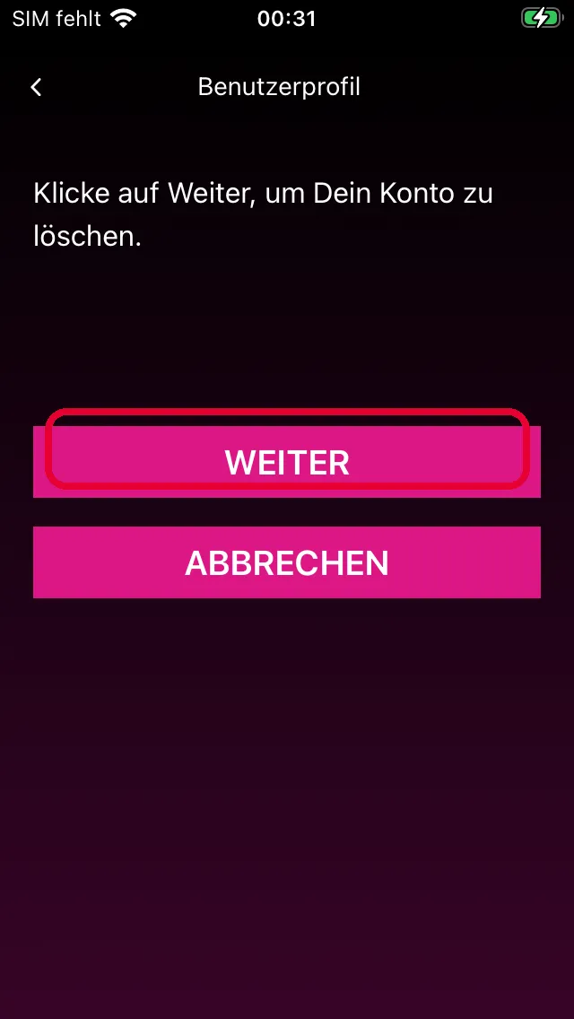 Bestätigungs-Screen mit Weiter-Button