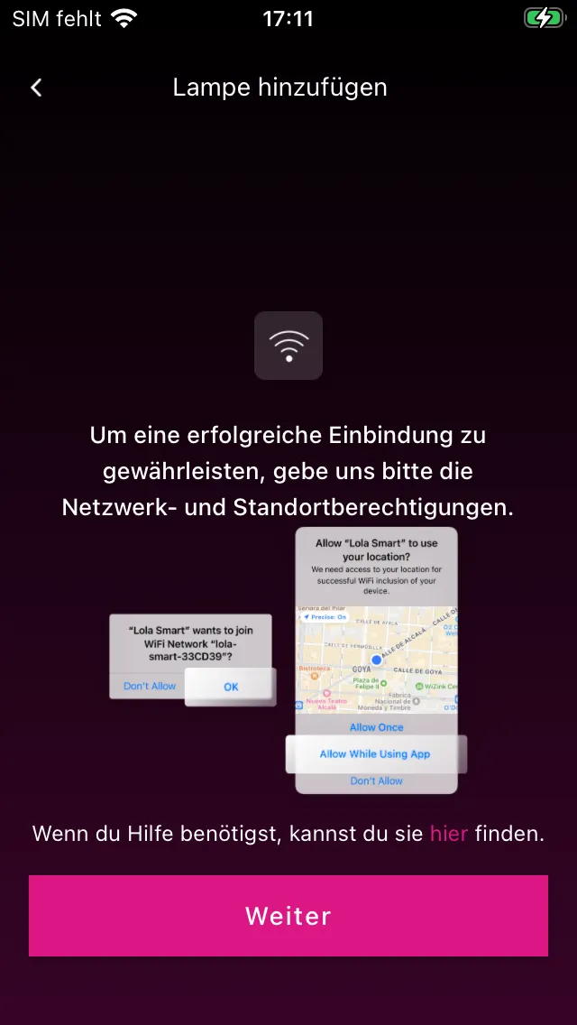 Hinweis auf benötigte Berechtigungen