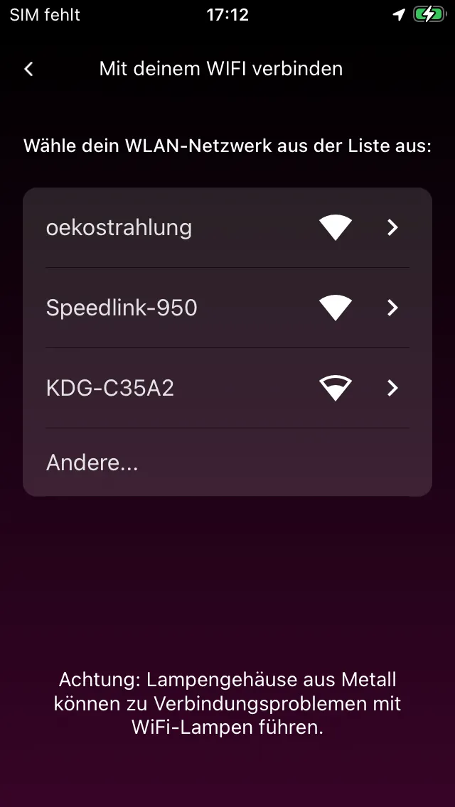 WLAN-Liste zur Auswahl