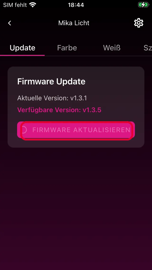 Update-Tab mit Versionsinfo und Aktualisieren-Button