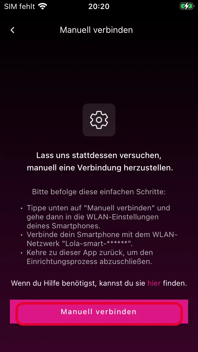 Screen Manuell verbinden mit Anleitung und Button