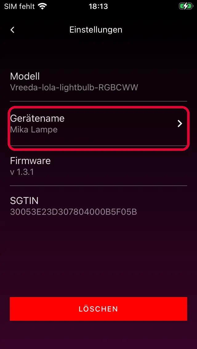 Einstellungen mit Gerätename-Eintrag